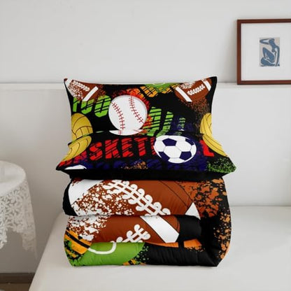 Ball Sports Games Bedding Set Twin Size Football Basketball Rugby Comforter for Child Teens Boys Colorful Tie Dye Graffiti Down Comforter Bedroom Decor Geometric Duvet Insert with 1 Pillowcase