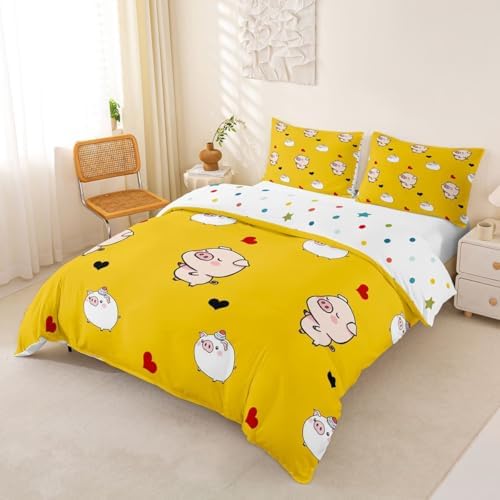 Pig Duvet Cover Cartoon Animal Bedding Set Cute Pigs Printed Decor Yellow Comforter Cover for Kids Teen Girls Boys Soft Microfiber Reversible Bedspread,1 Duvet Cover with 2 Pillowcases, Full Size