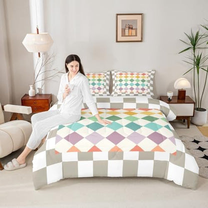 Checkered Geometric Bedding Set for Boys Girls Green Yellow Beige Brown Plaid Comforter Set Full Size Checkerboard Modern Aesthetic Duvet Quilt Reversible Grey Bedroom Decor 3 Pcs with 2 Pillow Cases