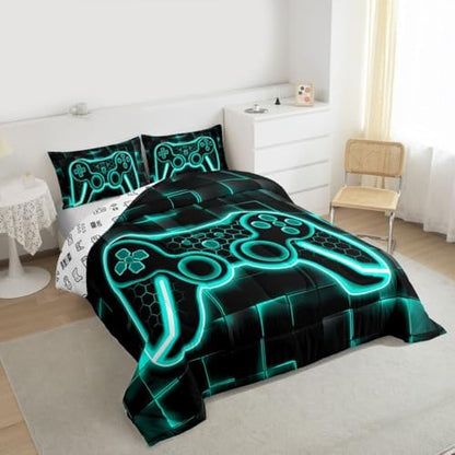 Feelyou Kids Gamer Comforter Set King Size Teal Blue and Black Bedding Set for Boys Teens Decor Gaming Ombre Comforter Geometric Square Duvet Set 3Pcs