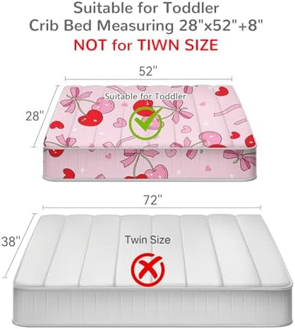 Mooreeke Toddler Bedding Sets for Girls,4 Pieces Pink Cherry Bow Printed