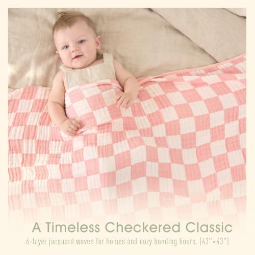 Ultra-Soft Muslin Baby Blanket - Swaddle & Crib for Girls, Pink Checkered (1-Pack)