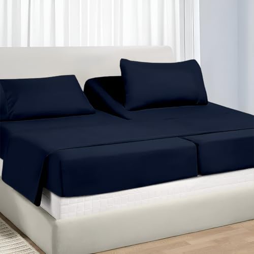 NON Sticky cotton Adjustable Split Queen Sheet Set for Sleep Number Beds, Premium 100% Long Staple Cotton Bedding, Two 30" X 80" Fitted Sheets Fits Up to 18" Deep Mattress, Navy Blue Solid