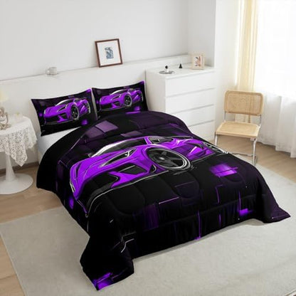 Erosebridal Kids Race Car Bedding Set Twin Size Purple Racing Car Comforter Set for Boys 2 Pieces Extreme Sports Theme Bedding Comforter Sets Abstract Plaid Grid Down Comforter Teens Bedroom Decor