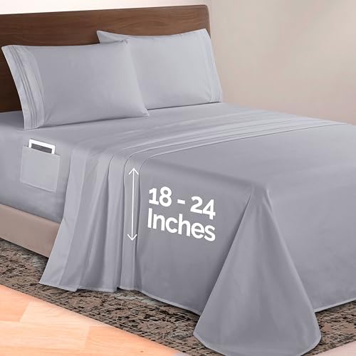 Elegant Comfort Luxurious 1500 Premium Hotel Quality Microfiber 4-Piece Sheet Set, 18-24 Inches Deep - Extra Deep Pocket Sheets - Ultra Soft 4PC Deep Pocket Sheets, King, Silver Gray
