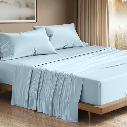 THREAD SPREAD 100% Egyptian Cotton Queen Sheets Set - 1200 Series Plush Collection Luxury Egyptian Cotton Sheets Queen Size Deep Pocket (4 PC, Light Blue), Soft, Cooling, Sateen Weave Sheet Set