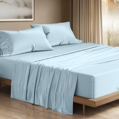 THREAD SPREAD 100% Egyptian Cotton Queen Sheets Set - 1200 Series Plush Collection Luxury Egyptian Cotton Sheets Queen Size Deep Pocket (4 PC, Light Blue), Soft, Cooling, Sateen Weave Sheet Set