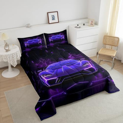 Feelyou Kids Purple Black Race Car Comforter Set,Boys Racing Car Bedding Set Full Size,Boys Bedroom Room Decor,Cool Speed Luxury Car Comforter,Geometric Hexagon Racing Car Bed Set for All Season