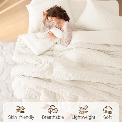 MUXHOMO 7 Pieces Oversized Queen Comforter Set, Seersucker Bed in a Bag Oversized Queen Size, All Season Luxury Bedding Set with Comforter, Flat Sheet, Fitted Sheet, Pillowcases & Shams, Ivory