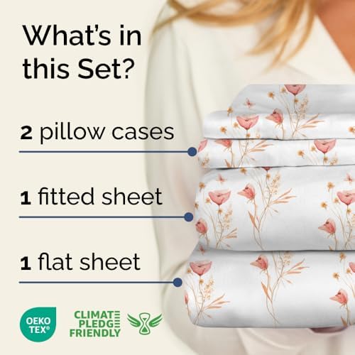 Queen 4 Piece Floral Sheet Set - Soft, Breathable & Cooling - Wildflower