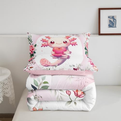 Feelyou Pink Cute Axolotl Comforter Set Queen Size Kids Cartoon Salamander Bedding Set for Boys Girls Flower Floral Pattern Duvet Quilt Kawaii Reptile Animal Ocean Sealife Room Decor