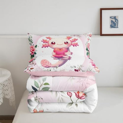 Feelyou Pink Cute Axolotl Comforter Set Toddler Kids Cartoon Salamander Bedding Set for Boys Girls Flower Floral Pattern Duvet Quilt Kawaii Reptile Animal Ocean Sealife Room Decor