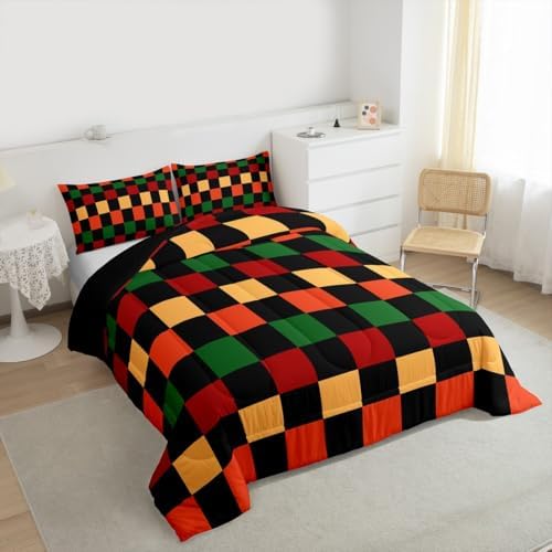 Feelyou Checkered Retro Comforter Set All Season Geometric Vintage Bedding Set with 1 Pillow Cases Red Green Orange Kids Twin Bedclothes Modern Groovy Aesthetic Bedroom Decor Duvet Quilt