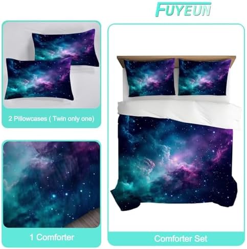 Galaxy Comforter Set Full/Queen Blue Space Bedding for Kids Girls Teen Women Bedroom Decor Moon Cloud Starry Sky Quilt Bed, 1 Comforter 2 Pillowcases