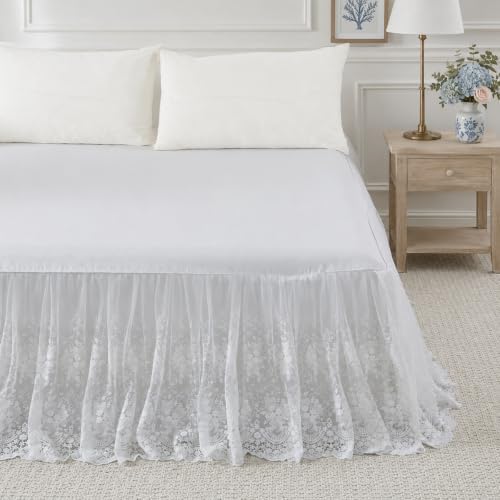 Brandream Luxury White Lace Bed Skirt 18 Inch Drop King Size Split Corners