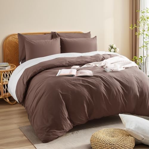 NEXHOME PRO Full Duvet Cover Set 100% Certified Organic Cotton with Washed Feel & Linen-Like Texture, Comfortable & Breathable, Home Bedding Set Dark Brown (No Comforter)