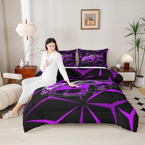 Castle Fairy Purple Race Car Comforter Set Twin Size,Abstract Art Racing Car Breathable Bedding Set,Kids Adults Room Decor,Extreme Sports Microfiber Duvet Insert,1 Pillowcase