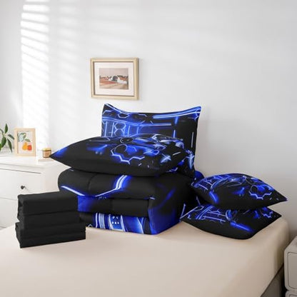 Feelyou Speed Sports Car Comforter Set with Sheets King Size Kids Race Car Honeycomb 7 Pieces Bedding Set for Boys Girls Teens Racing Car Bed in a Bag Breathable Extreme Sports Bed Set Blue Black