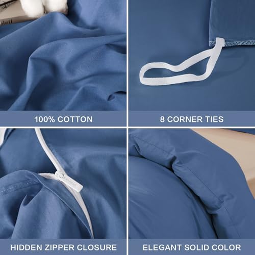 SAPHREAS 100% Washed Cotton Duvet Cover King Size Set, Linen Like Comforter Cover with Zipper Closure & Corner Ties (No Comforter), 104x90 Navy Blue