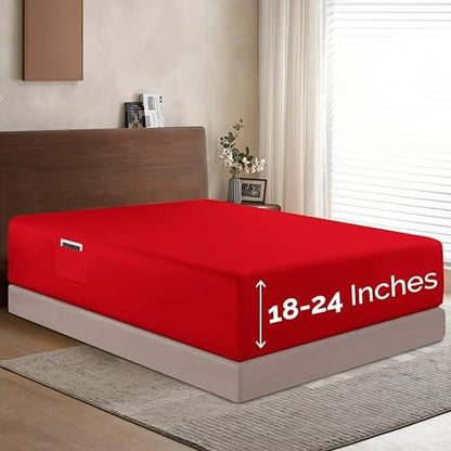 Elegant Comfort 1500 Premium Hotel Quality 18-24 Inches Deep - Extra Deep Pocket Single Fitted Sheet for High Mattress, Luxury and Softest, Smart Pocket - Wrinkle Free, Queen, Red
