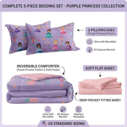 Twin Size Comforter Set for Girls Princess Bedroom Decor 5 Pieces Soft Breathable Bedding Sheets Kids Bed in a Bag Sets All Season Use