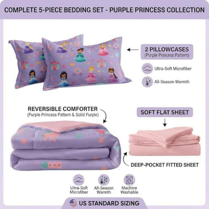 Twin Size Comforter Set for Girls Princess Bedroom Decor 5 Pieces Soft Breathable Bedding Sheets Kids Bed in a Bag Sets All Season Use