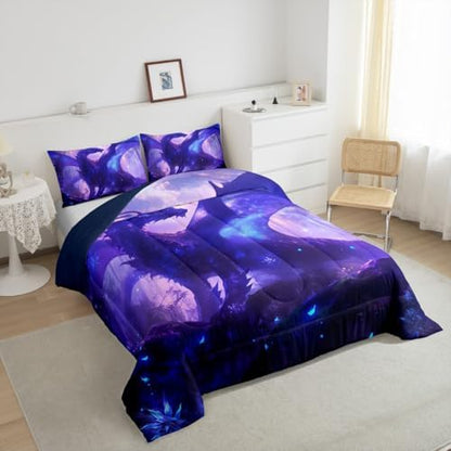 Feelyou Dragon Comforter Set Full Size Jungle Dragon Comforter for Boys Girls Teens Western Dragon Bedding Set Wild Animal Duvet Set Room Decor Purple Quilt Set