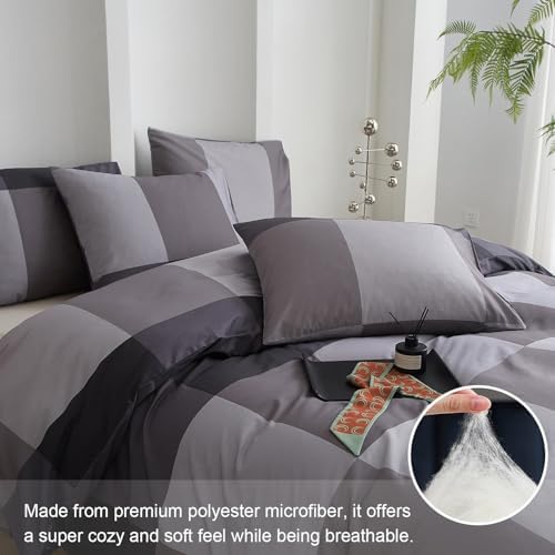 mixinni King Comforter Set Men Boys Geometric Checkered Plaid Printed Bedding Comforter for All Season Soft Lightweight Bedding Set-(King Size, Grey,Black)