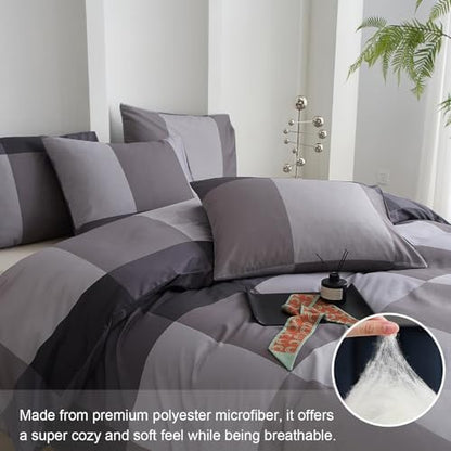 mixinni King Comforter Set Men Boys Geometric Checkered Plaid Printed Bedding Comforter for All Season Soft Lightweight Bedding Set-(King Size, Grey,Black)