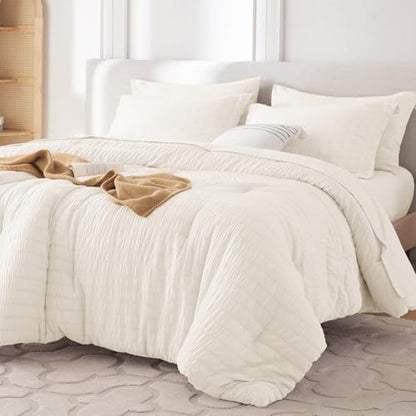 MUXHOMO 7 Pieces Oversized Queen Comforter Set, Seersucker Bed in a Bag Oversized Queen Size, All Season Luxury Bedding Set with Comforter, Flat Sheet, Fitted Sheet, Pillowcases & Shams, Ivory