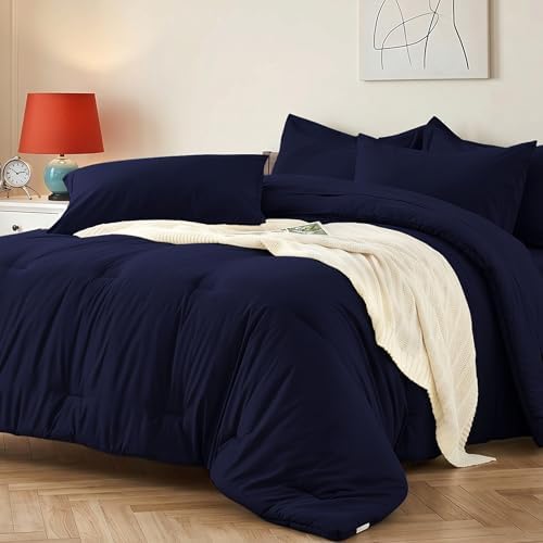 King Size Comforter Set 7 Pieces - Soft Bed in a Bag King Bed Set, Cozy Luxury Bedding Sets with All Season Comforter, Flat Sheet, Fitted Sheet, 2 Pillowcases & 2 Shams, Navy Blue