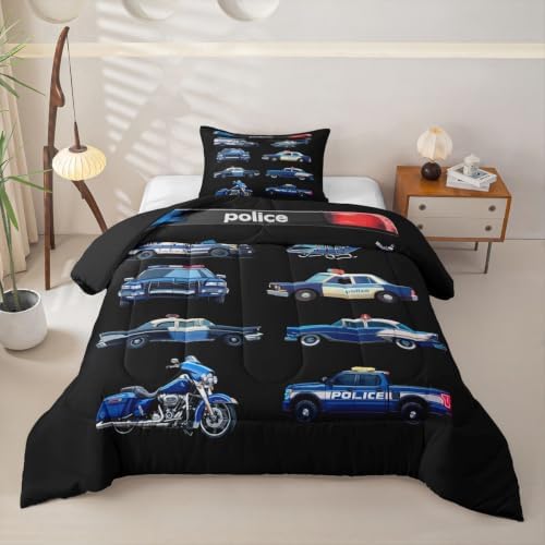Feelyou Police Car Comforter Set Toddler Size Cartoon Car Bedding Set for Kids Boys Girls Policeman Vehicle Duvet Quilt Bedroom Decor Microfiber 2 Pcs with 1 Pillow Case