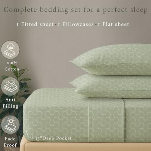Threadmill 500 Thread Count Twin-XL Size 3 Pc Luxury Cotton Bed Sheet Set, Jacquard Floria Sage Green, Breathable Sheets with 15" Elasticized Deep Pocket, 1 Pillowcase & Free Tote Bag