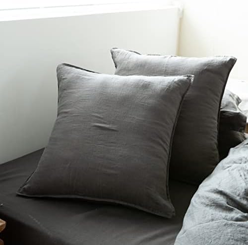 Simple&Opulence 100% Washed Linen Euro Shams 26'' x 26'' Pack of 2, Basic Style Solid Color Natural Flax Farmhouse Decorative Square Throw Pillow Covers for Bed Couch Sofa - Dark Grey