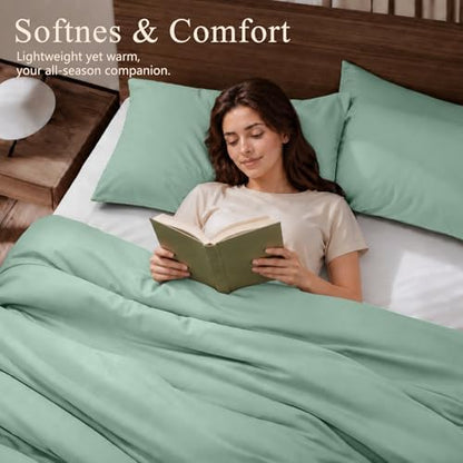Queen Duvet Cover Set 3 Pieces, 100% Organic Viscose derived from Bamboo, Luxuriously Soft & Cooling, 1 Duvet Cover and 2 Pillowcases, 90" x 90"(Queen, Sage Green)