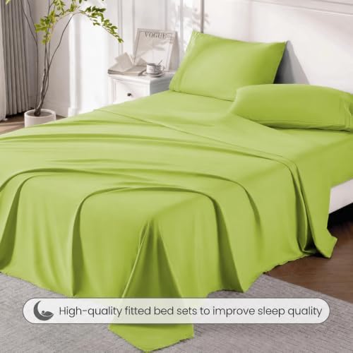 ROSE&RISY Avocado Green Queen Sheet Set, Pre-Washed Cotton-Like Brushed Microfiber, 4 Pcs Super Soft Breathable Cooling Bed Sets,Includes 1 Fitted, 1 Flat, 2 Pillowcases(Avocado Green, Queen)