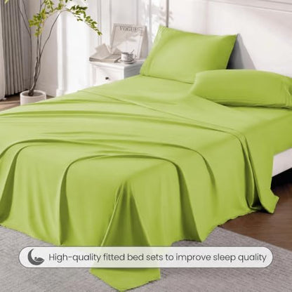 ROSE&RISY Avocado Green Queen Sheet Set, Pre-Washed Cotton-Like Brushed Microfiber, 4 Pcs Super Soft Breathable Cooling Bed Sets,Includes 1 Fitted, 1 Flat, 2 Pillowcases(Avocado Green, Queen)