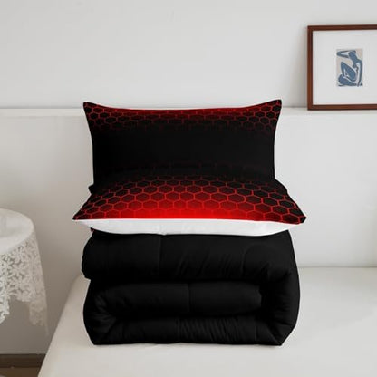 Feelyou Red Black Ombre Comforter Set Twin, Honeycomb Bedding Set for Kids Abstract Hexagonal Comforter Ombre Duvet with 1 Pillow Case