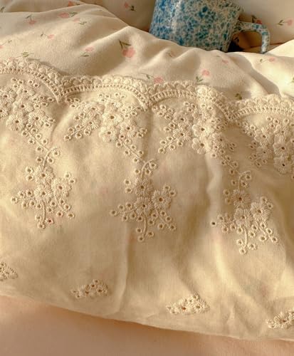 VM VOUGEMARKET Romantic Lace Duvet Cover Set with Pink Flower Pattern Queen Size Soft Lightweight Washed Microfiber Princess Duvet Cover with Zipper Ties 2 Pillowcases for College Dorm