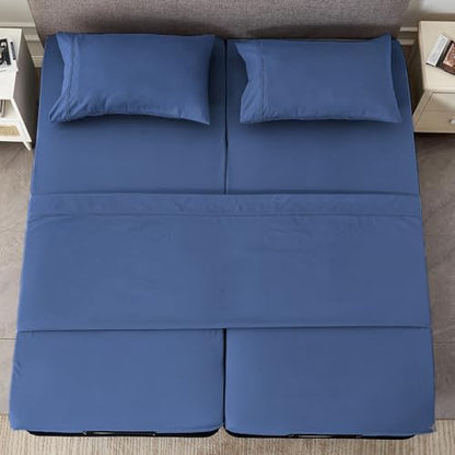 Kingnex Split Queen Sheets for Adjustable Bed Soft 1800 Microfiber 5 Pieces Include 2 30x80 Fitted Sheets 1 Flat Sheet 2 Queen Size Pillowcases Navy