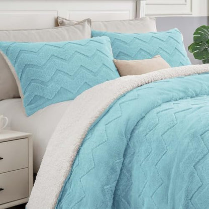 BEDELITE Fluffy Sherpa King Comforter Set,Light Blue