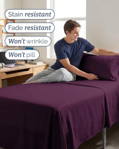 Twin XL 4 Piece Sheet Set - College Dorm Room Essentials - Deep Purple
