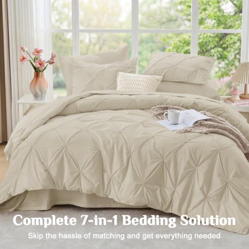 JOLLYVOGUE Full Size Comforter Sets 7 Pieces - Bed in a Bag Full for All Season, Pintuck Bedding Comforter Sets with Comforter, Flat Sheet, Fitted Sheet and Pillowcases & Shams, Linen