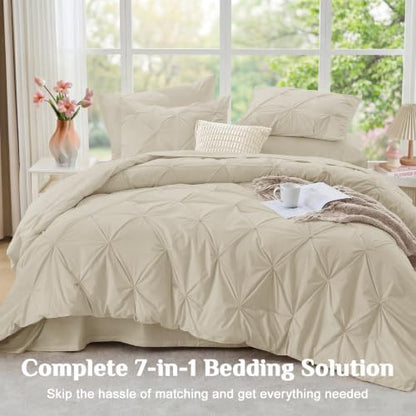 JOLLYVOGUE Full Size Comforter Sets 7 Pieces - Bed in a Bag Full for All Season, Pintuck Bedding Comforter Sets with Comforter, Flat Sheet, Fitted Sheet and Pillowcases & Shams, Linen