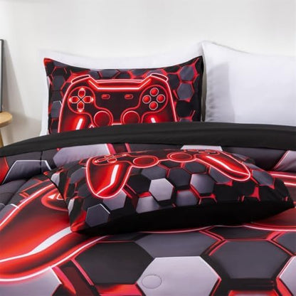 NTBED 3D Gaming Comforter Set for Boys Kids Teens,5pcs Gamer Bedding Sets with Sheet,Game Console Bed in a Bag (Red, Twin)