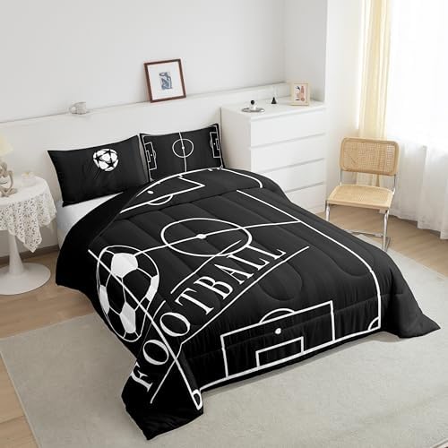 Boys Bedding Twin Football Comforter Set, Kids Ball Gaming Bedding Comforter Sets Teens Soccer Duvet Insert, Black Football Field Down Comforter, Black Reversible 3pcs 1 Comforter + 2 Pillow Case