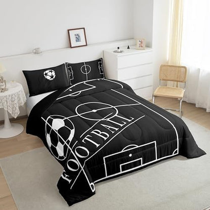 Boys Bedding Twin Football Comforter Set, Kids Ball Gaming Bedding Comforter Sets Teens Soccer Duvet Insert, Black Football Field Down Comforter, Black Reversible 3pcs 1 Comforter + 2 Pillow Case