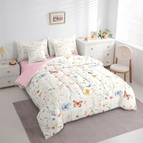 Erosebridal Boho Floral Full Comforter Set with Sheets 7 Piece Cute Colorful Flowers Bed in A Bag Bohemian Wildflower Bedding Sets for Kids Girls Women,Watercolor Flower Butterflies Bed Set