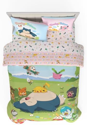 Pokemon Bedding Super Soft Comforter and Sheet Set with Sham, 5 Piece Full Size, Featuring Snorlax, Pikachu, Eevee & Jigglypuff (Officially Licensed Product) by Franco
