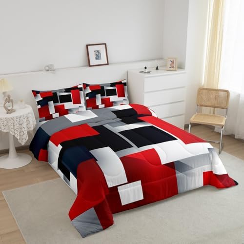 Castle Fairy 3D Geometric Comforter Set Full Size,Red Black Grey Abstract Square Bedding Set for Girls Teens Bedroom Present,Colorful Plaid Print Soft Chic Microfiber Quilted Duvet with 2 Pillowcases